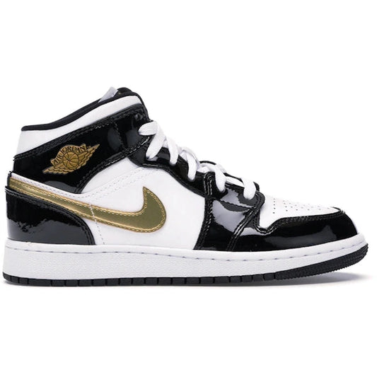 Jordan 1 Mid Patent Black White Gold GS